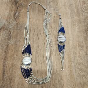 Liquid Sterling Silver 10 Strand Lapis Lazuli Pendant Necklace & Bracelet Set